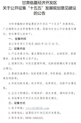 甘肃临夏经济开发区关于公开征集“十五五”发展规划意见建议的公告